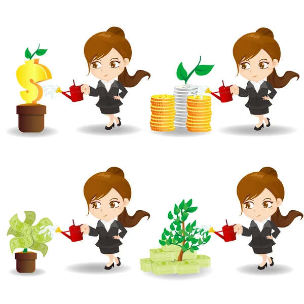 Cartoon zakenvrouw met geldboom — Stockvector