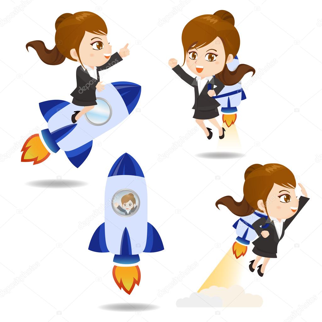 cartoon illustration Businesswoman with rocket