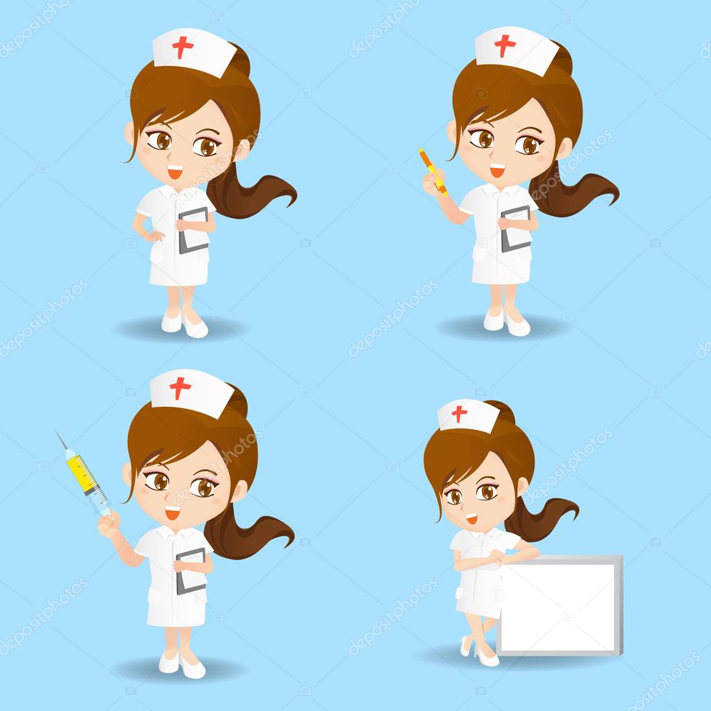Conjunto Enfermeira Dos Desenhos Animados Diferentes Poses imagem