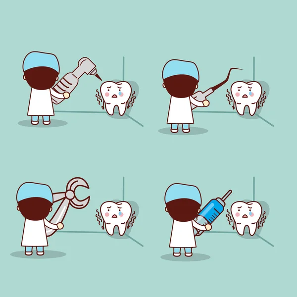 Cartoon angst tand met tandarts — Stockvector