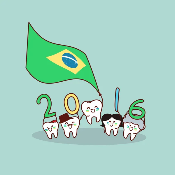 Desenho animado dente segurar bandeira do brasil —  Vetores de Stock