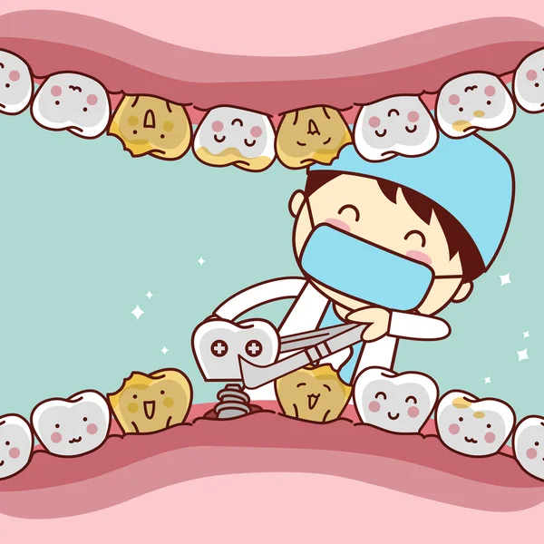 Concepto de implantación dental de dientes de dibujos animados — Vector de stock