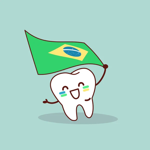 Desenho animado dente segurar bandeira do brasil —  Vetores de Stock