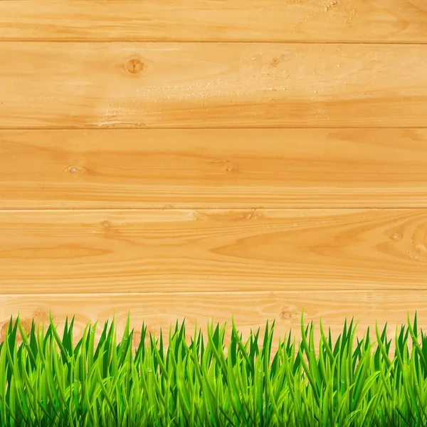 Tablones de madera con fondo de hierba verde — Vector de stock