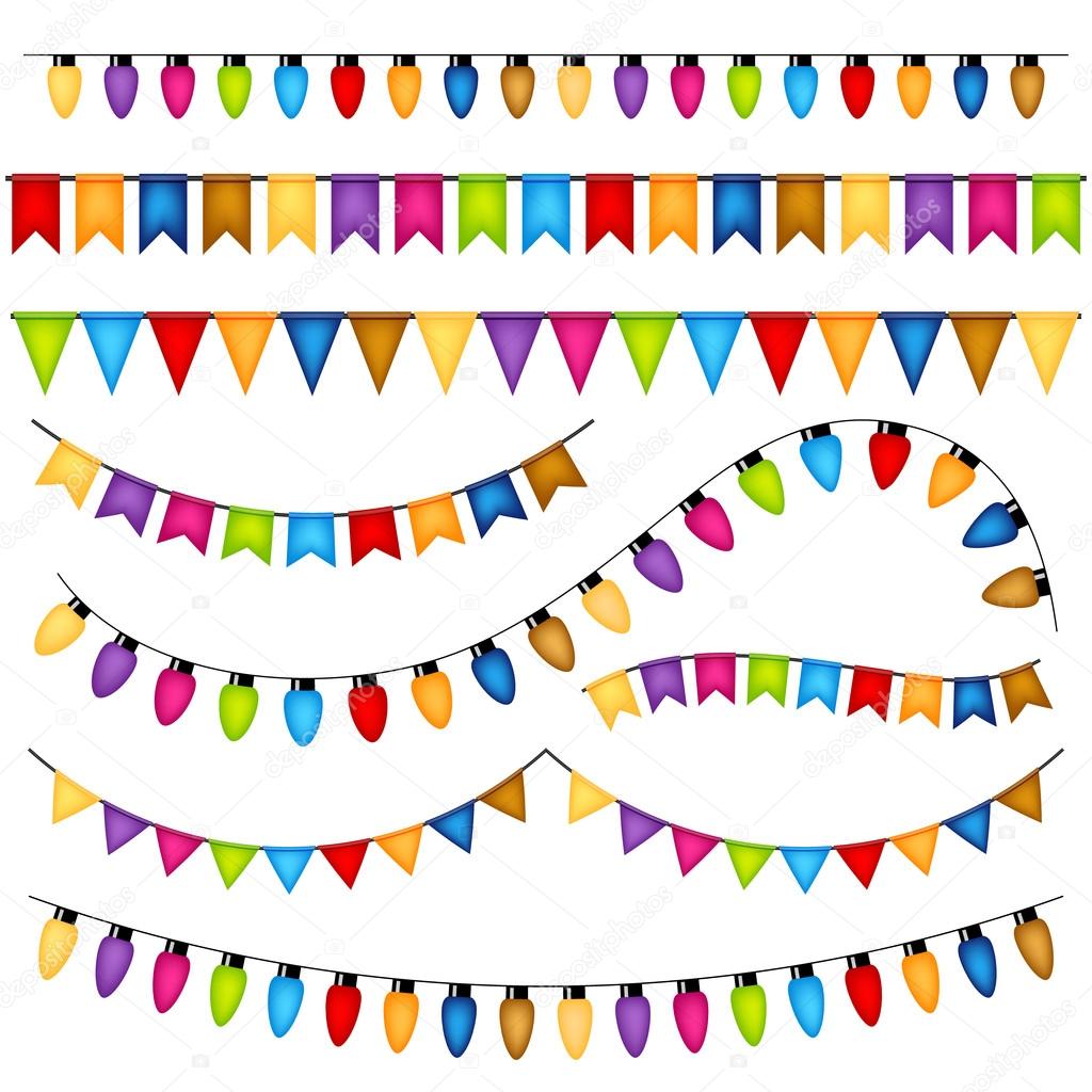 Garlands and flags on white background