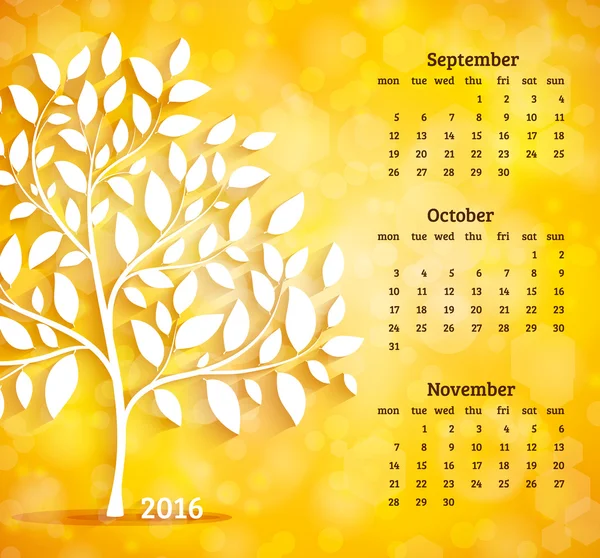 Calendário 2016. Setembro, outubro e novembro meses. Outono — Vetor de Stock