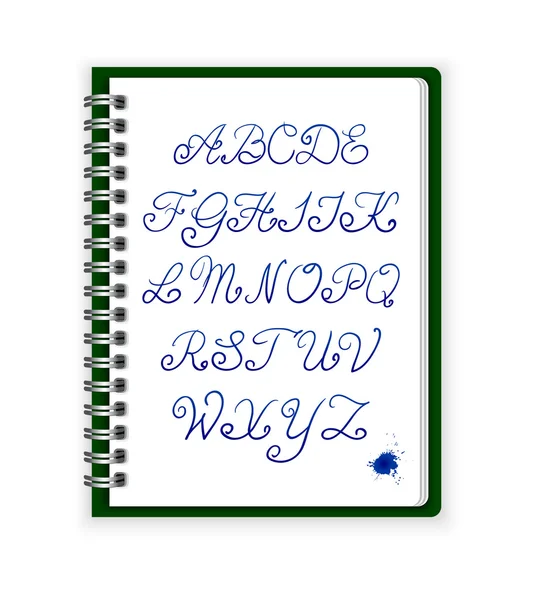 Alphabet manuscrit dans un carnet ouvert — Image vectorielle