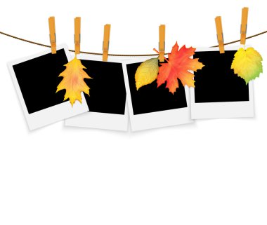 Fotoğraf çerçeveleri üzerinde ip clothespins dönüştürün ve sonbahar vektör yaprak 