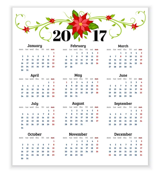 Calendário para 2017 com flores de vetor poinsettia — Vetor de Stock