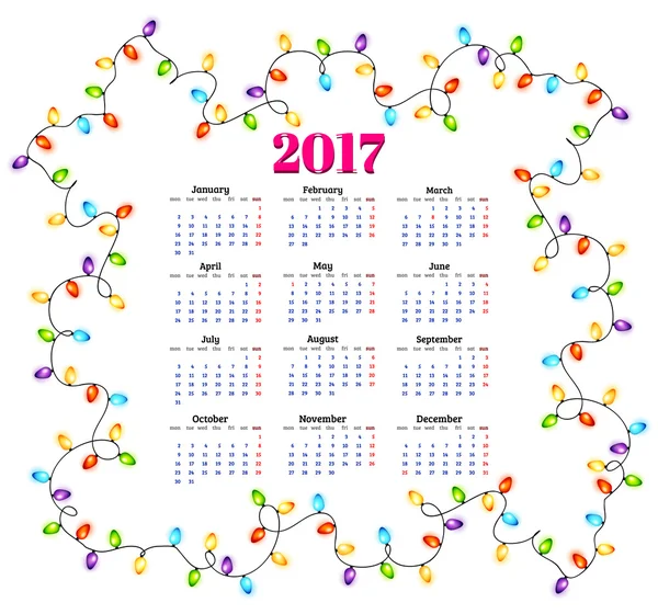 Calendario 2017 con ghirlande colorate sfondo vettoriale — Vettoriale Stock