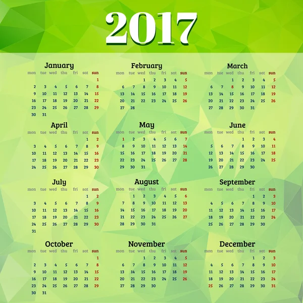 Calendário para 2017 no vetor de fundo poligonal verde — Vetor de Stock