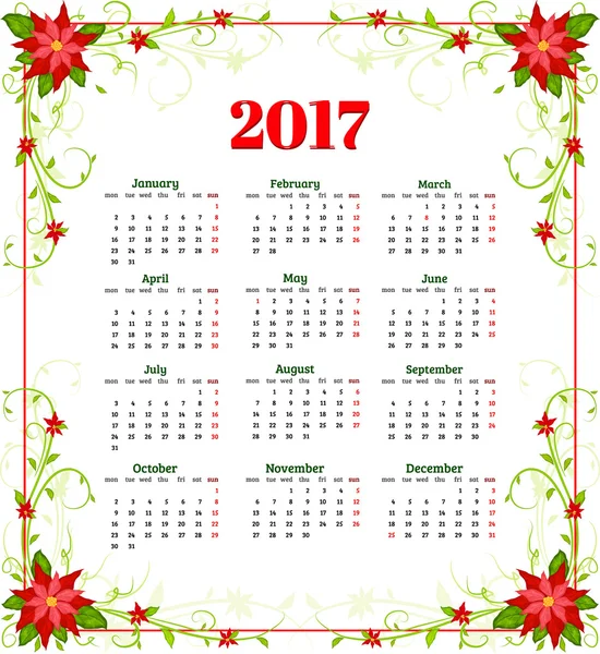 Calendário para 2017 com flores de vetor poinsettia — Vetor de Stock