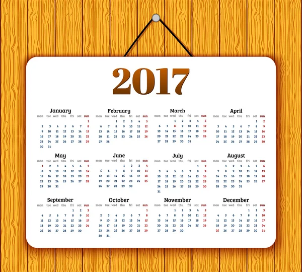Calendário para 2017 no vetor de fundo de madeira — Vetor de Stock