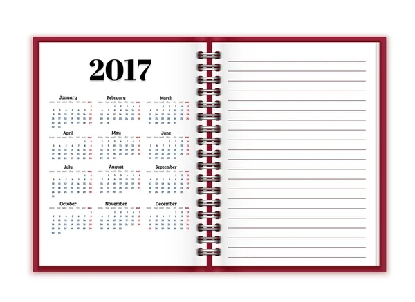 Papel de caderno com calendário para 2017 fundo vetorial — Vetor de Stock