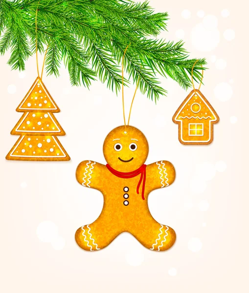 Biscotti di pan di zenzero sull'albero di Natale — Vettoriale Stock