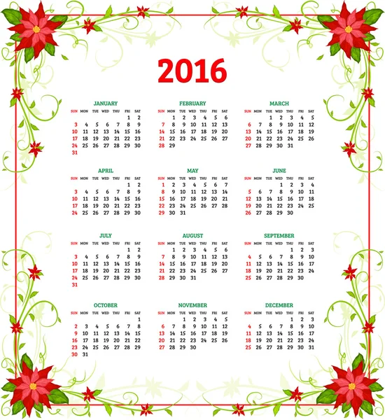 Calendario 2016 anno — Vettoriale Stock