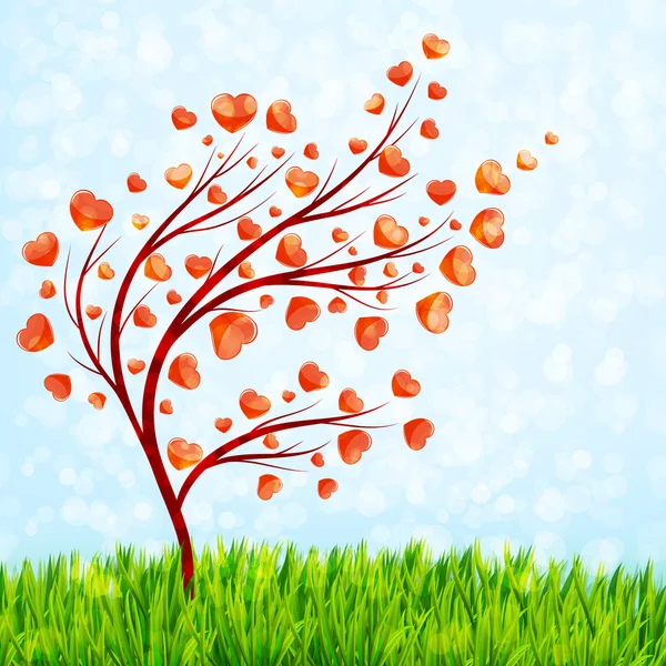Valentijnsdag kaart met liefde boom en groen gras — Stockvector