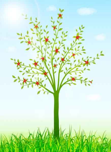 Fondo de primavera verde con árbol y hierba — Vector de stock