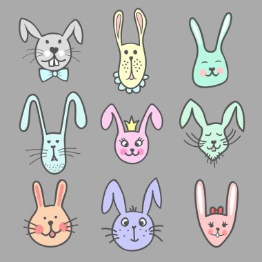Renkli sevimli doodle bunny yüzler kümesi. Evde beslenen hayvan başları. Vektör çizim