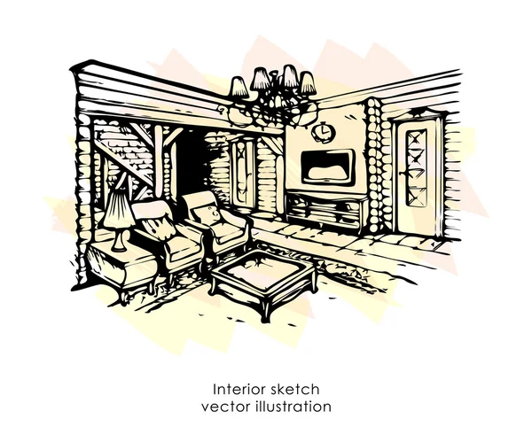 Dibujo interior dibujado a mano. Casa de diseño sala de estar, estilo provence, casa de madera — Vector de stock