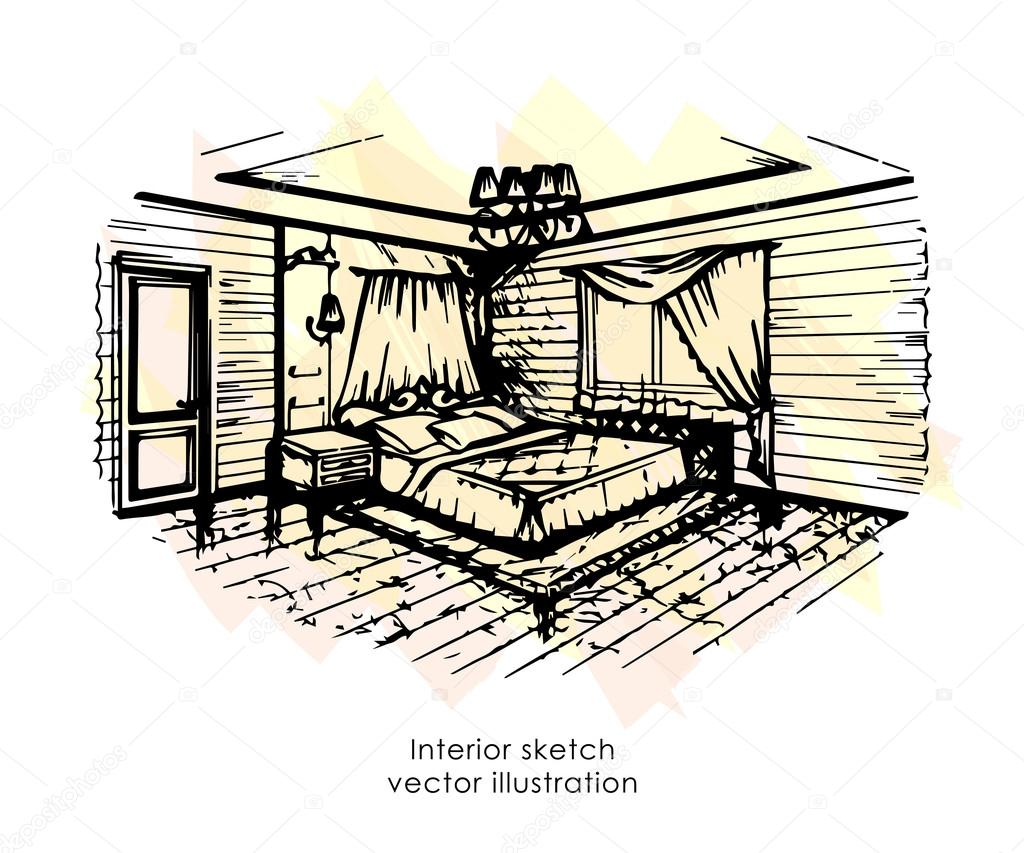 Hand Drawn Interior Sketch Home Design Bedroom Provence