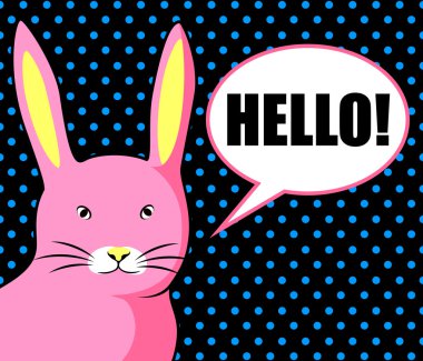 Metin balon Pop Art pembe tavşan. Şablon, tebrik kartı, davet, vektör çizim