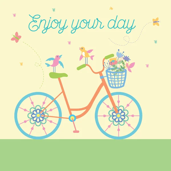 Bonito bicicleta bonita colorida com flores e pássaros e rodas decorativas ilustração vetorial — Vetor de Stock