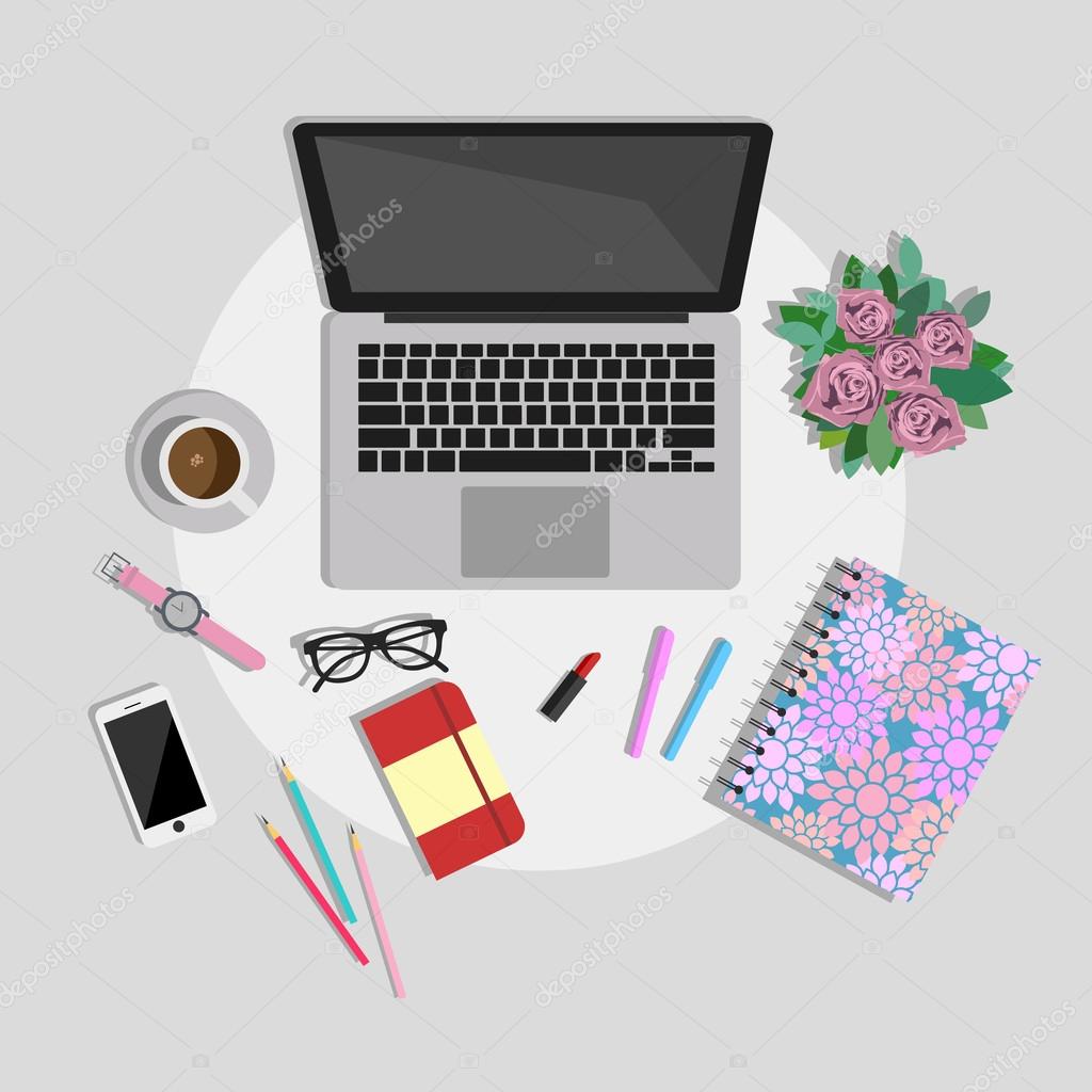 Woman working desk top view. Working place vector illustration