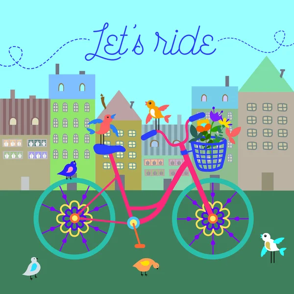 Linda bicicleta hermosa colorida con flores y aves y ruedas decorativas y la ciudad como ilustración vector de fondo — Vector de stock