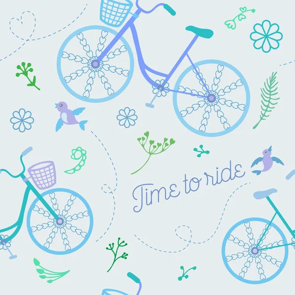 Χαριτωμένο πολύχρωμο όμορφα ποδήλατα χωρίς ραφή πρότυπο με λουλούδια και πουλιά και διακοσμητικά τροχούς — Διανυσματικό Αρχείο