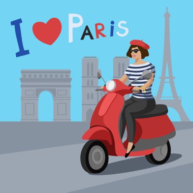 Kadın binicilik scooter Paris sokakta. Vektör çizim