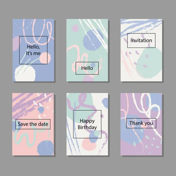 Vektoros illusztráció készlet művészeti színes univerzális kártya. Ecset, textúrák. Esküvő, évforduló, születésnap, ünnep, fél. Tervezés, plakát, kártya, meghívás. — Stock Vector