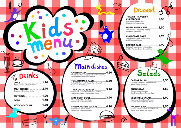 可爱的多彩膳食孩子菜单模板与可爱的小怪物 — 图库矢量图片