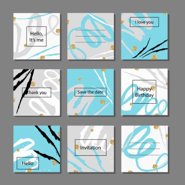 Vektör çizim sanatsal renkli evrensel kart dizisini. Düğün, yıldönümü, doğum günü, tatil, parti. Tasarım poster, kart, davet için. Altın glitter doku ile