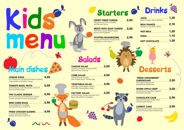 Carino colorato modello di menu per bambini pasto con simpatici animali della foresta — Vettoriale Stock