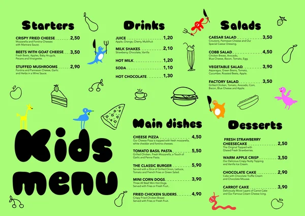 Cute colorful meal kids menu template with cute little monsters — Stock Vector