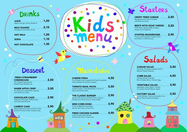 Mignon coloré repas enfants modèle de menu avec de jolies maisons douces — Image vectorielle