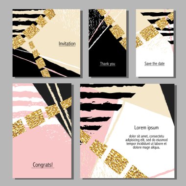 Vektör çizim sanatsal renkli evrensel kart dizisini. Düğün, yıldönümü, doğum günü, tatil, parti. Tasarım poster, kart, davet için. Altın glitter doku ile