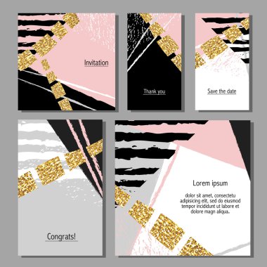 Vektör çizim sanatsal renkli evrensel kart dizisini. Düğün, yıldönümü, doğum günü, tatil, parti. Tasarım poster, kart, davet için. Altın glitter doku ile