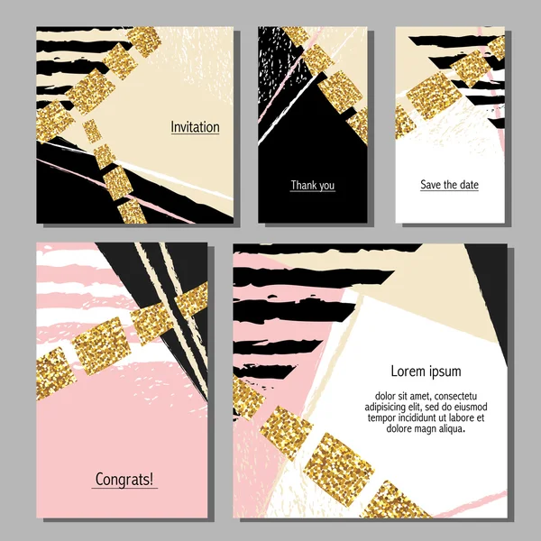 Vector illustration set of artistic colorful universal cards. Wedding, anniversary, birthday, holiday, party. Design for poster, card, invitation. With golden glitter texture — Stock Vector
