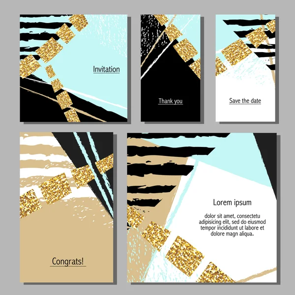Vektorové ilustrace sada umělecké barevné univerzálních karet. Svatby, výročí, narozeniny, svátek, strany. Návrh plakátu, karta, pozvání. S texturou, zlatý lesk — Stockový vektor