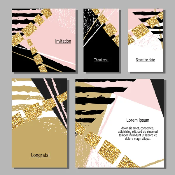 Vector illustration set of artistic colorful universal cards. Wedding, anniversary, birthday, holiday, party. Design for poster, card, invitation. With golden glitter texture — Stock Vector