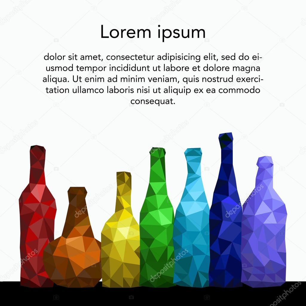 Polygonal colorful bottles. Triangle, low poly style. Template, card, brochure. Vector illustration