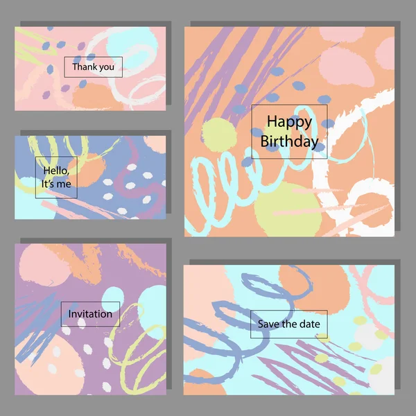 Illustrazione vettoriale set di carte artistiche colorate universali. Texture a pennello. Matrimonio, anniversario, compleanno, vacanza, festa. Design per poster, biglietti, inviti . — Vettoriale Stock