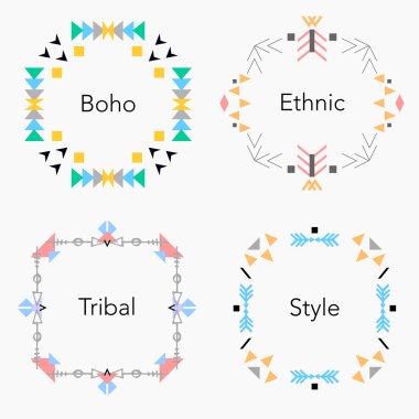 Boho kabile etnik tarzı kartları ve çerçeveleri ayarlayın. Vektör çizim