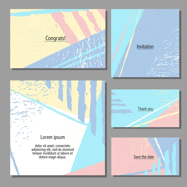 Vektorové ilustrace sada umělecké barevné univerzálních karet. Kartáč textury. Svatby, výročí, narozeniny, svátek, strany. Návrh plakátu, karta, Pozvánka. — Stockový vektor