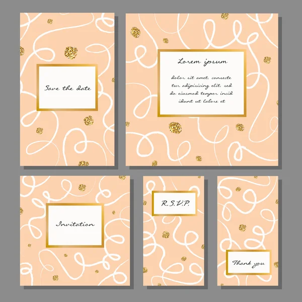 Conjunto de ilustración vectorial de tarjetas universales de colores artísticos. Boda, aniversario, cumpleaños, fiesta, fiesta. Diseño para póster, tarjeta, invitación. Con textura de brillo dorado — Vector de stock