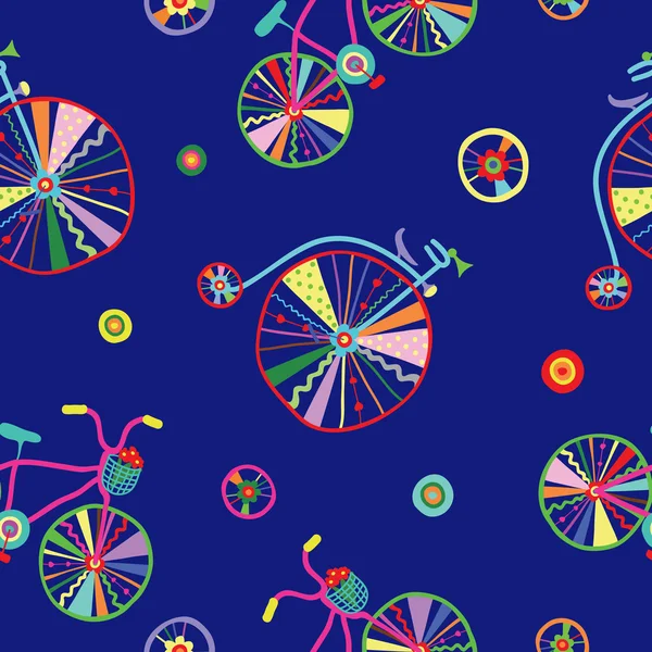 Χαριτωμένο πολύχρωμο όμορφα ποδήλατα χωρίς ραφή πρότυπο με διακοσμητικά τροχούς — Διανυσματικό Αρχείο