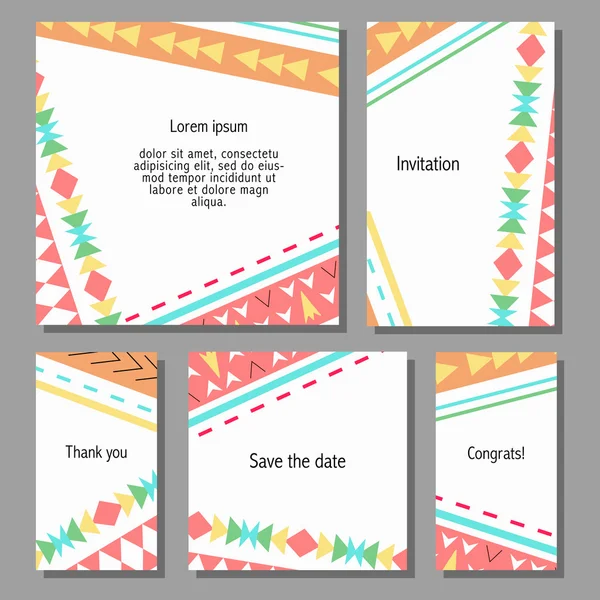 Vector εικονογράφηση σύνολο καλλιτεχνική πολύχρωμο καθολικές κάρτες. Γάμος, επέτειος, γενέθλια, διακοπές, κόμμα. Σχεδιασμός αφίσας, κάρτα, πρόσκληση. Boho φυλετικές γεωμετρικό σχέδιο — Διανυσματικό Αρχείο