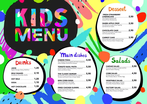 Modèle de menu pour enfants coloré mignon avec coups de pinceau et éclaboussures colorées — Image vectorielle